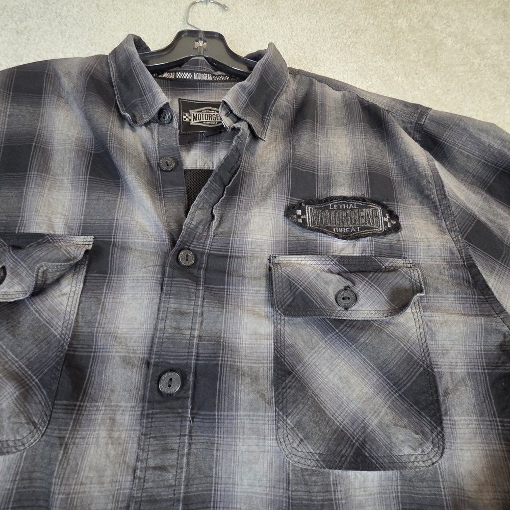 Lethal Threat Motorgear Shirt Mens XL Gray‎ Plaid Button Up Biker Cotton Skull